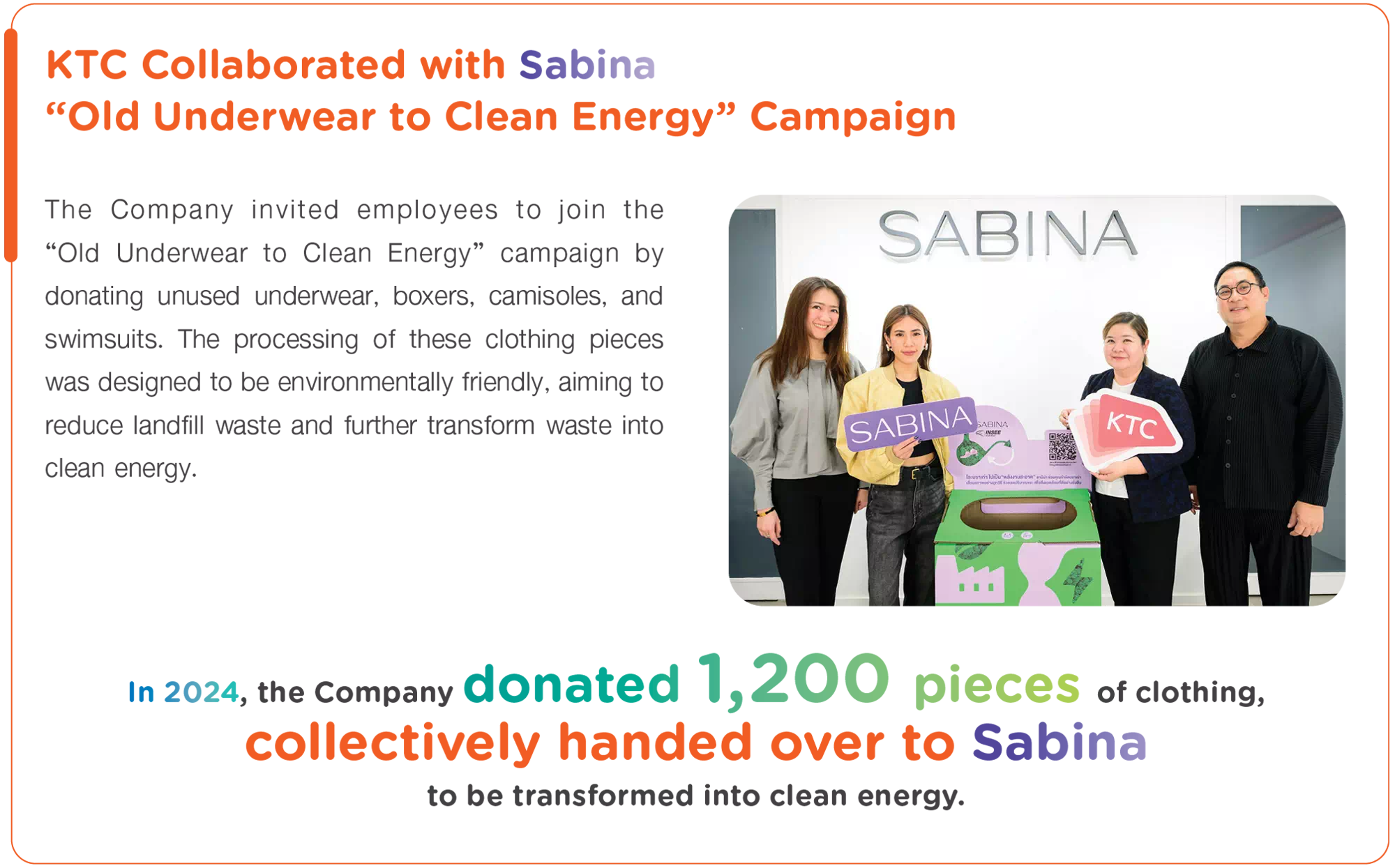 KTC Collaborated with Sabina “Old Underwear to Clean Energy” Campaign
