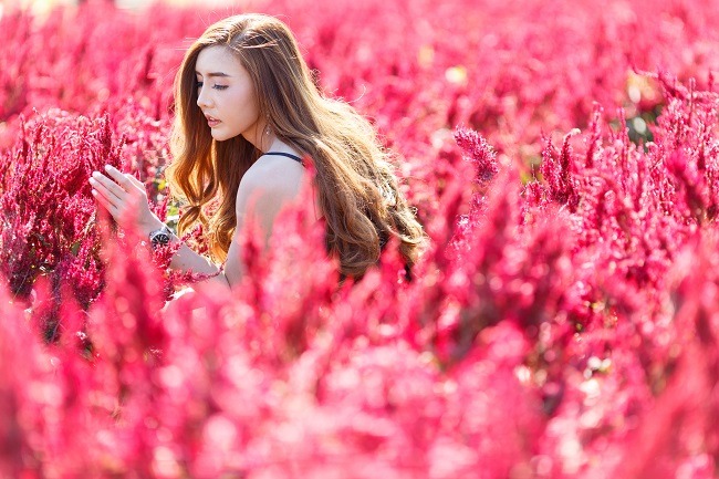 ผู้หญิงและดอกไม้สีแดงในยิ่งยงสวนดอกไม้