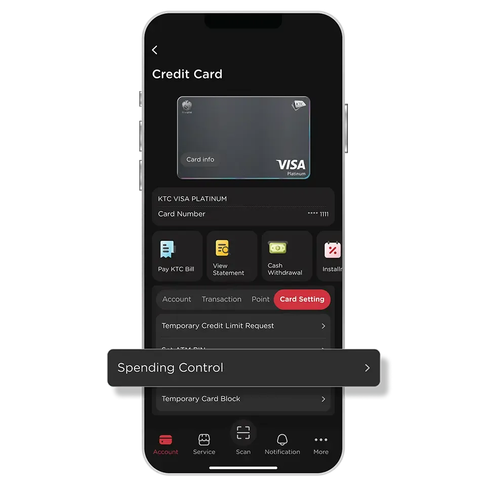 Select KTC Card and "Card Setting" <br>then select "Spending Control"