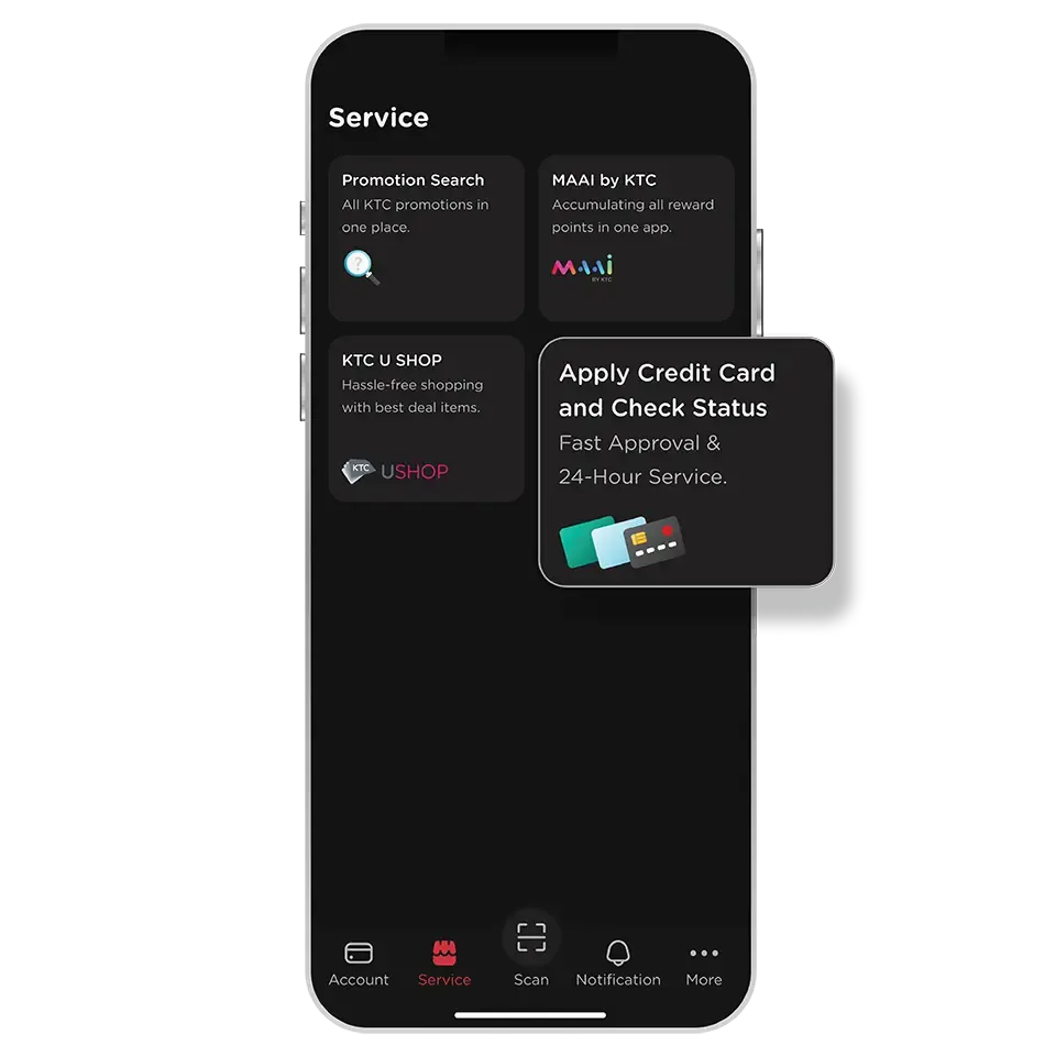 Select "Service" then select<br>"Apply Credit Card and Check Status"
