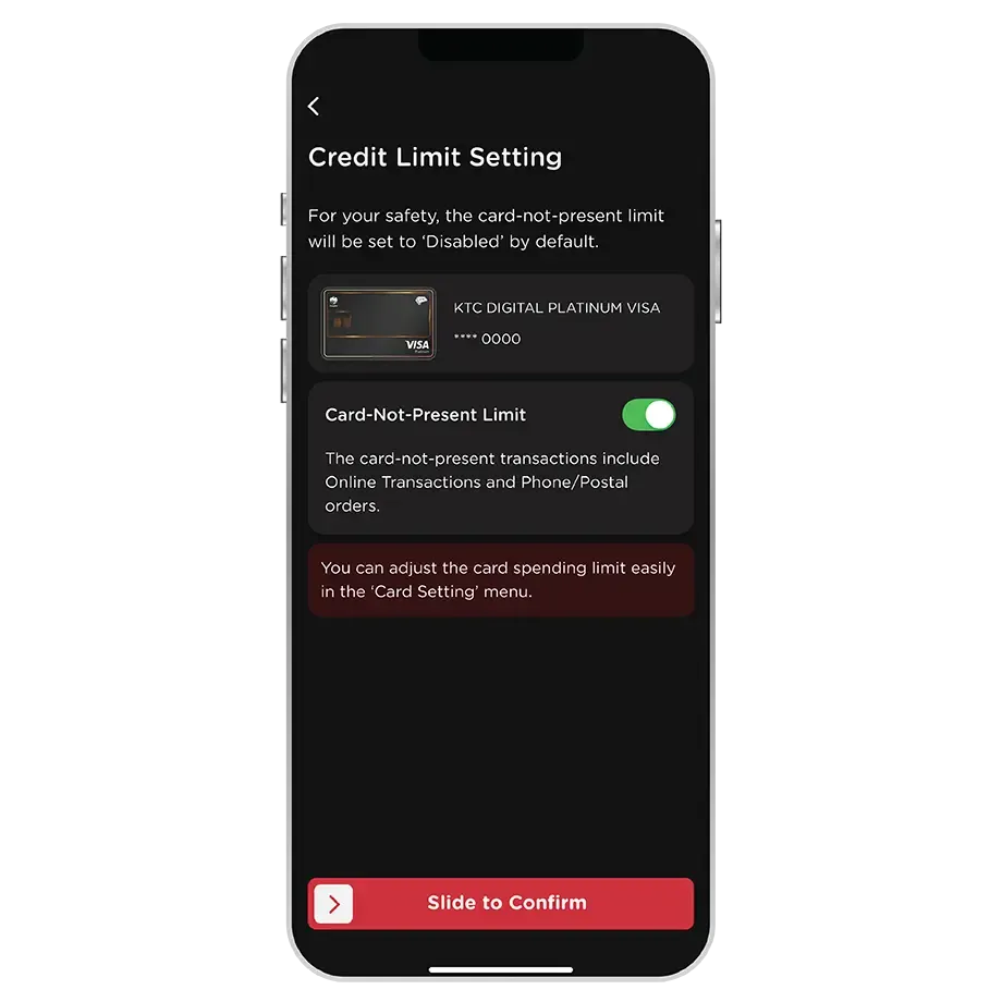 Enable the credit limit and slide to confirm