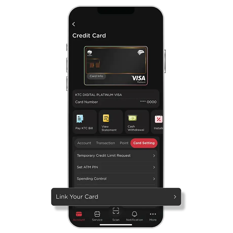Select KTC Card and "Card Setting" <br>then select "Link Your Card"
