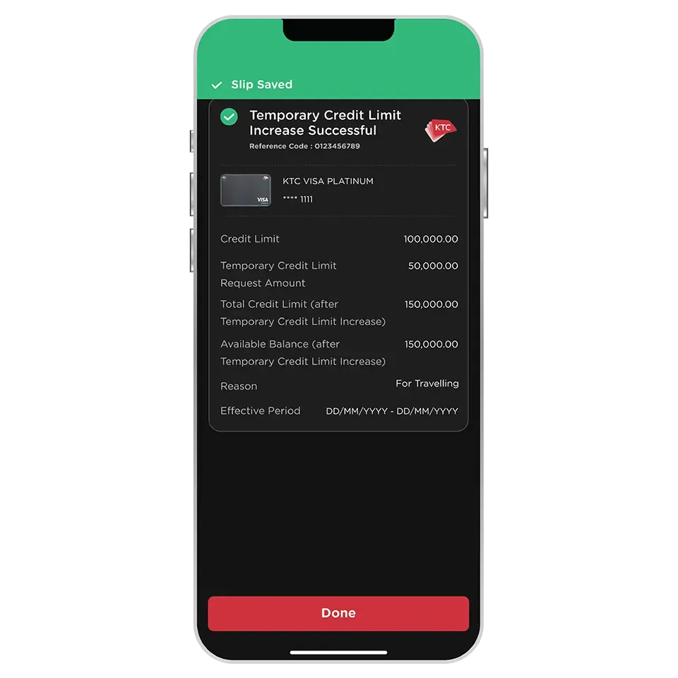 Temporary Credit Limit <br>Increase successful