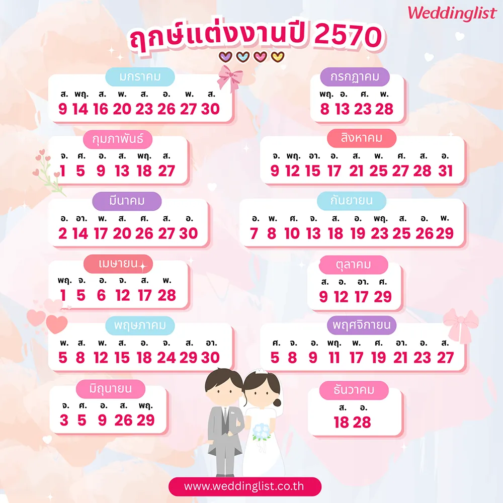 สรุปปฏิทินฤกษ์แต่งงานปี 2570 เช็กวันมงคลต้อนรับปีแพะทอง