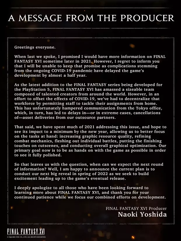 จดหมายชี้แจงผู้พัฒนาเกม FFXVI จดหมายชี้แจงผู้พัฒนาเกม FFXVI