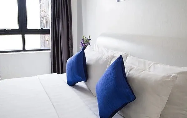 หมอนคู่สีน้ำเงินบนเตียง