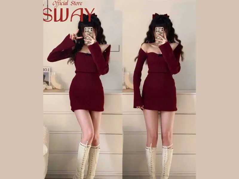 ชุดไปเที่ยว เดรสปาดไหล่รัดรูป