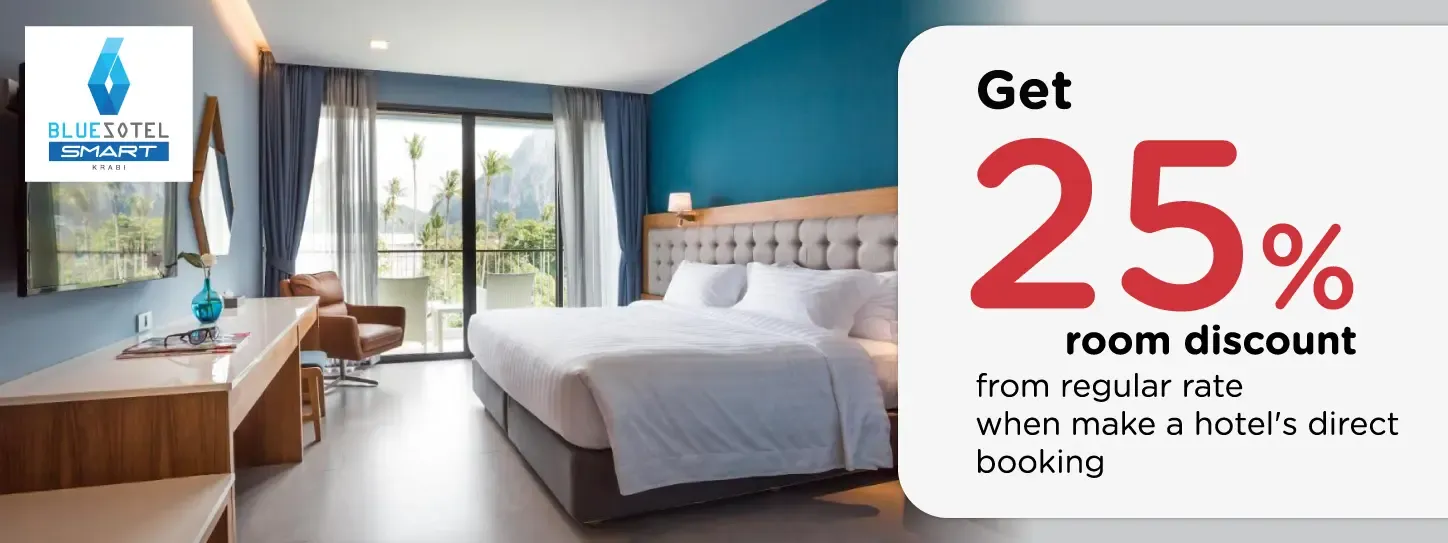 โปรโมชั่น รับส่วนลดห้องพัก 25% ที่โรงแรมบลูโซเทล สมาร์ท กระบี่ อ่าวนางบีช โปรโมชั่น รับส่วนลดห้องพัก 25% ที่โรงแรมบลูโซเทล สมาร์ท กระบี่ อ่าวนางบีช