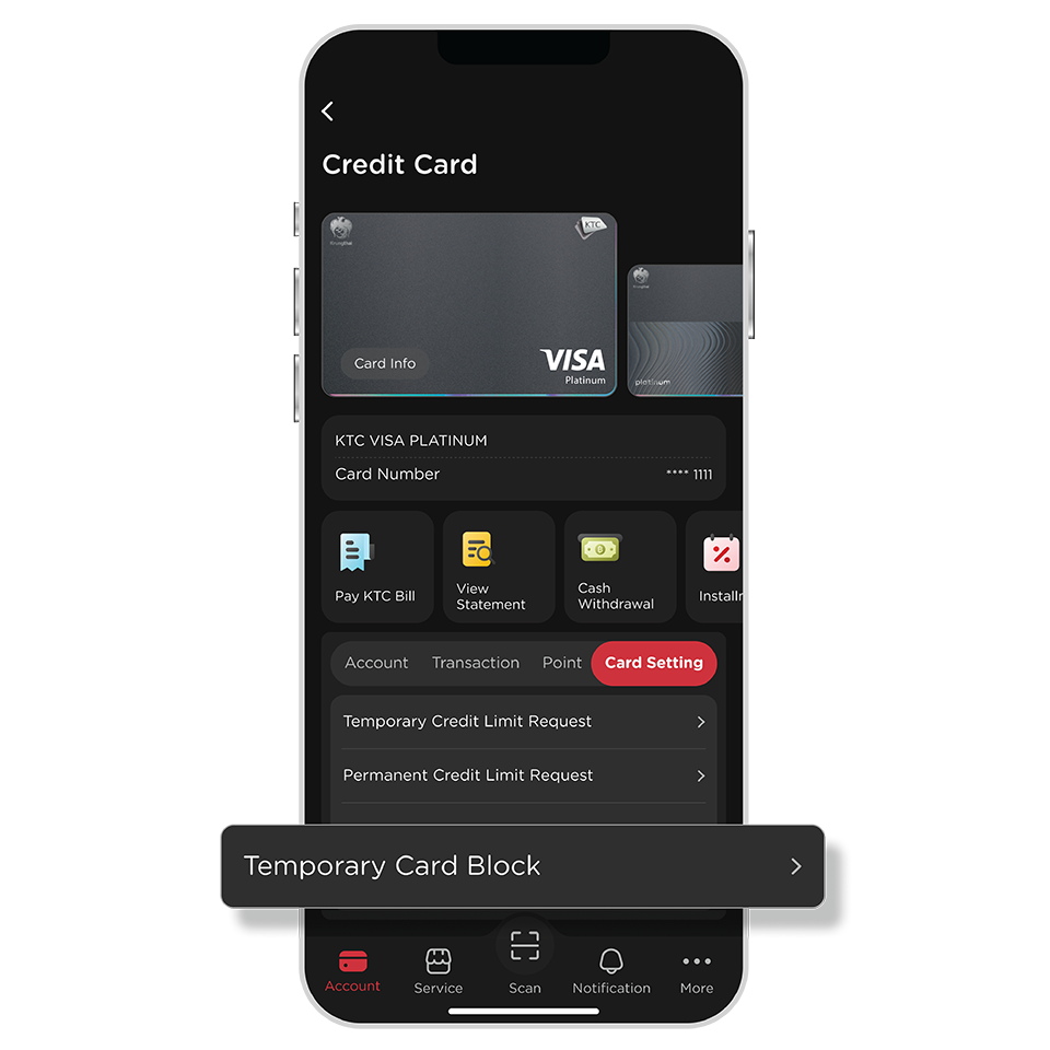 Select KTC Card and “Card Setting” then select “Temporary Card Block”